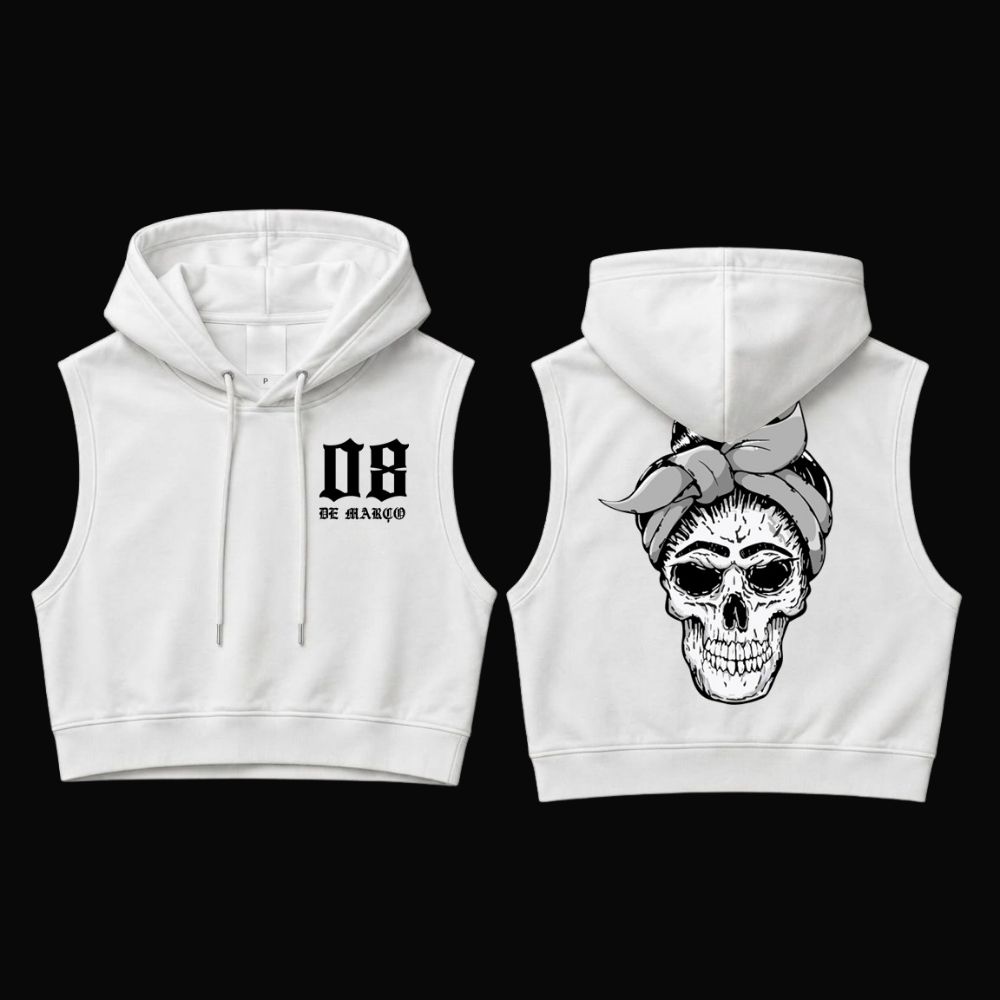 CROPPED MOLETOM CAPUZ SEM MANGA CAVEIRA BRANCO